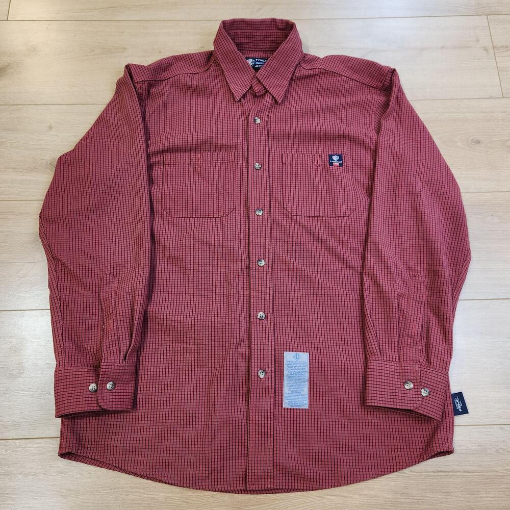 Tyndale FR Shirt Mens Large Red Check Button Up Long Sleeve Workwear